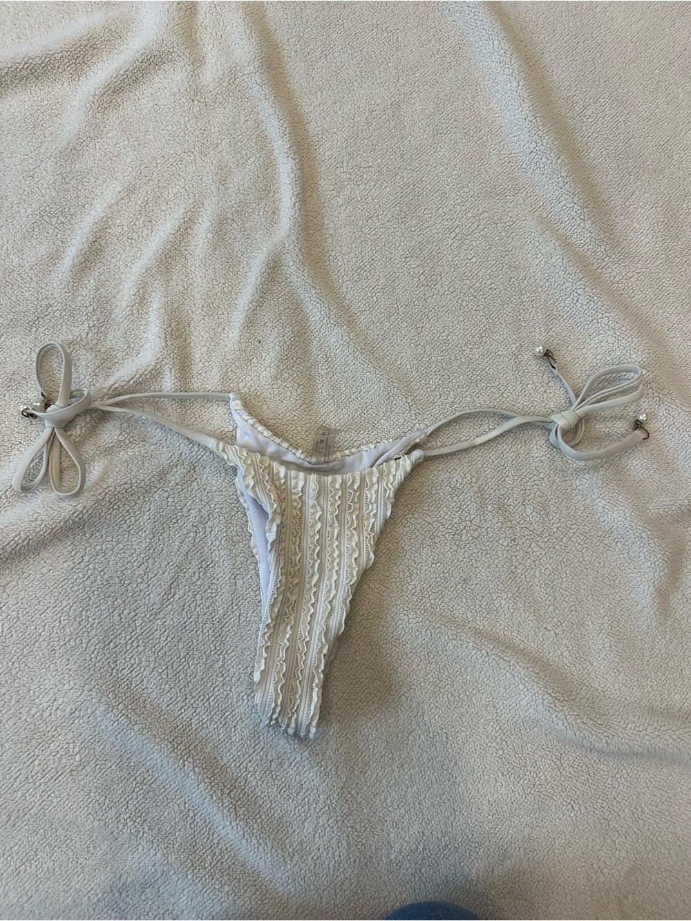 White Lace Tie Side Bikini Bottom Pearl Rhinestone Detail Size Small